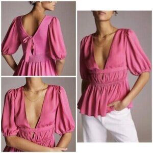 Anthropologie Dolan Size Small V-Neck Cutout Top Pink Flowy Blouse NWT Small